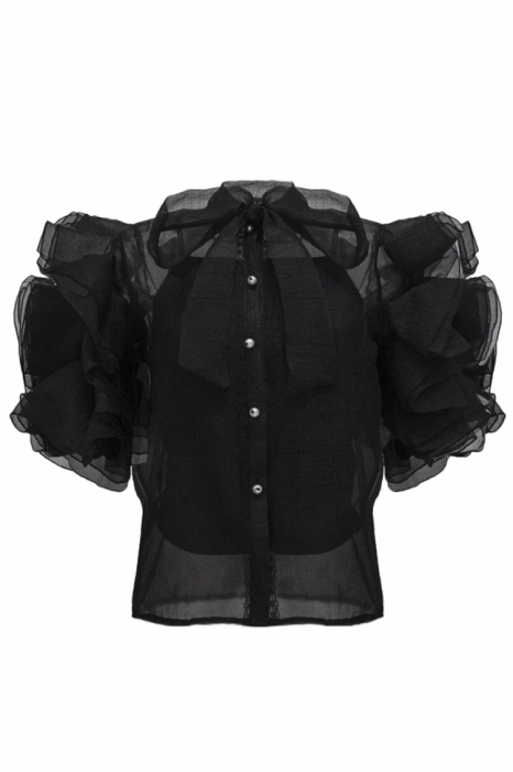 Блуза "Бэрри" черная, фатин, воланы на рукавах, с бантом