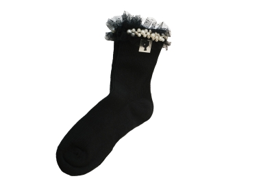 Носки "Жемчуг" черные, с жемчугом и кружевом
