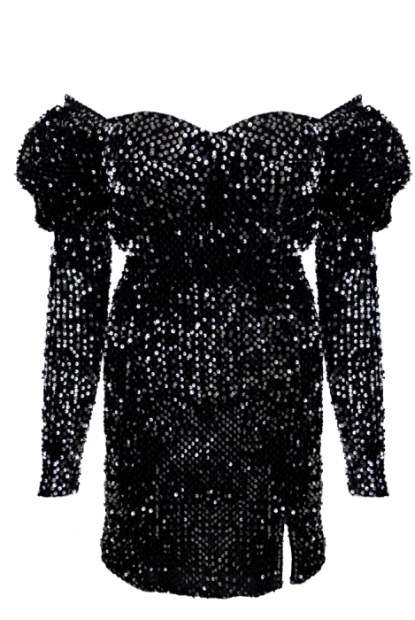 Платье "Джейми" черное, бархат с пайетками, рукава фонарики