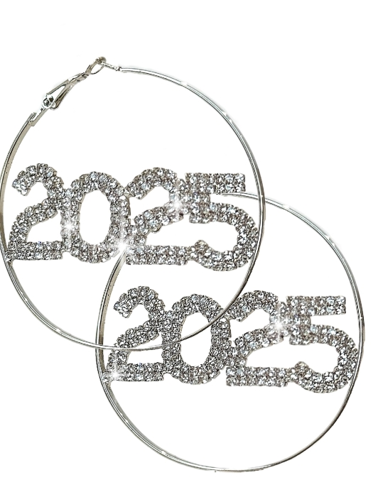 Серьги-кольца "2025" серебряные, стразы