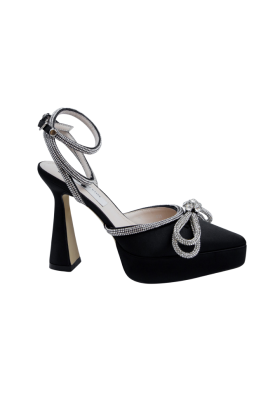 Туфли брошь "бант" из страз, черные, атласные, на платформе