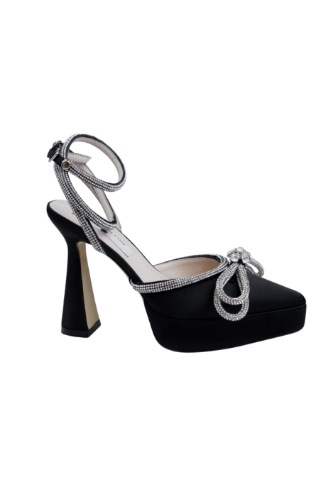 Туфли брошь "бант" из страз, черные, атласные, на платформе