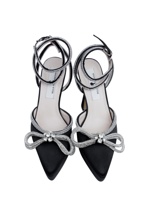 Туфли брошь "бант" из страз, черные, атласные, на платформе