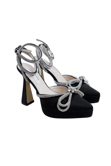 Туфли брошь "бант" из страз, черные, атласные, на платформе