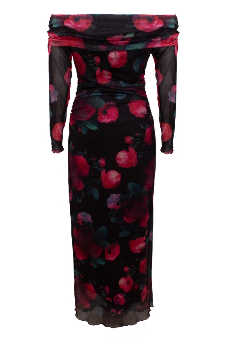 Платье "Эдрия" черное, принт цветы, миди, юбка в сборку, воротник лодочка по декольте