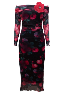 Платье "Эдрия" черное, принт цветы, миди, юбка в сборку, воротник лодочка по декольте