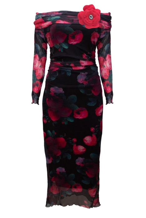 Платье "Эдрия" черное, принт цветы, миди, юбка в сборку, воротник лодочка по декольте