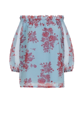 Блуза "Элизабет" серо-голубая, красный принт