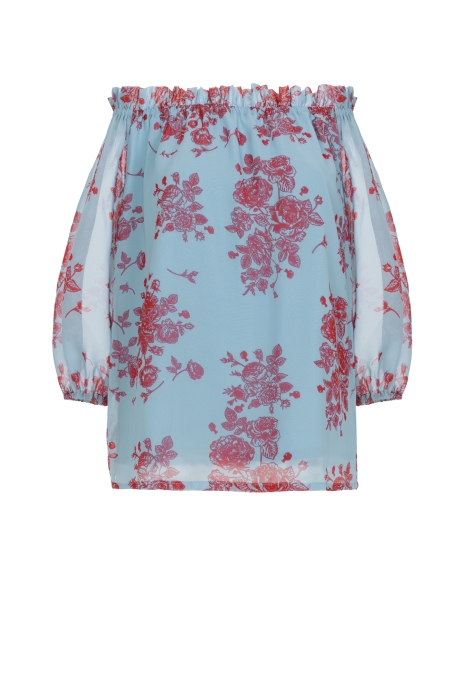 Блуза "Элизабет" серо-голубая, красный принт