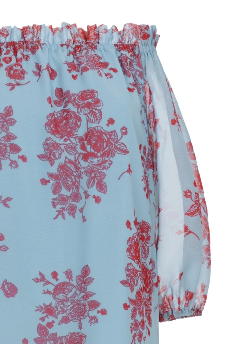 Блуза "Элизабет" серо-голубая, красный принт