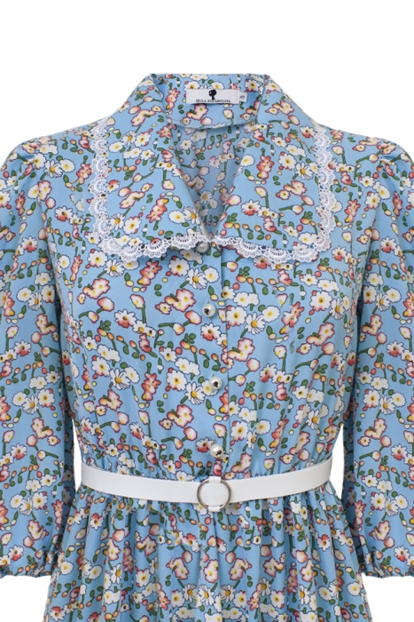 Платье "Тейла" голубое цветочный принт, с кружевом + пояс белый