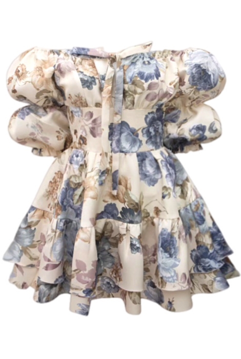 Платье "Барби" молочное, серо-голубой цветочный принт, с воланами по юбке, мини