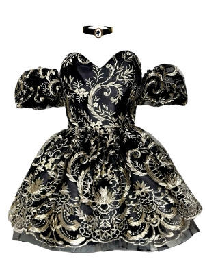 Платье "Версаль" золотая вышивка, черное, французское кружево, мини