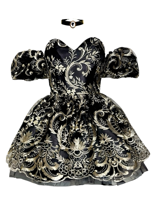 Платье "Версаль" золотая вышивка, черное, французское кружево, мини