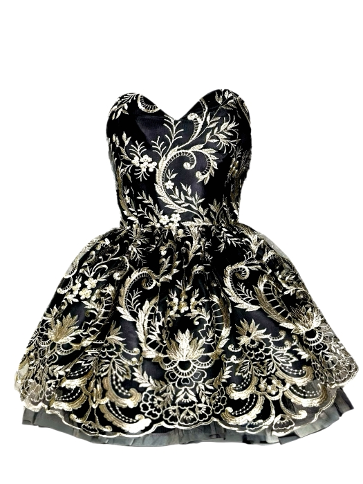 Платье "Версаль" золотая вышивка, черное, французское кружево, мини