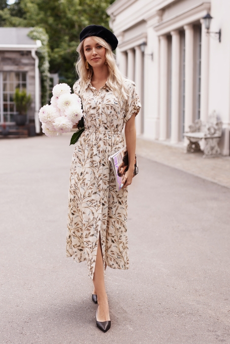 Платье "Нейлин" молочное, принт цветы, РОСТ 165