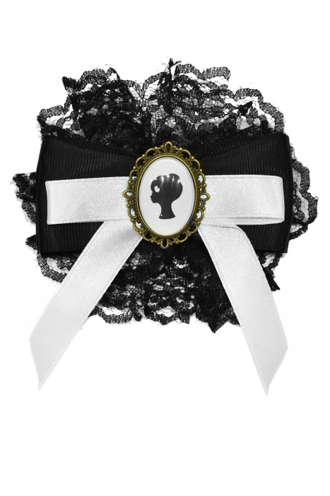 Брошь "ЛОГО" черная, белый бант, с кружевом