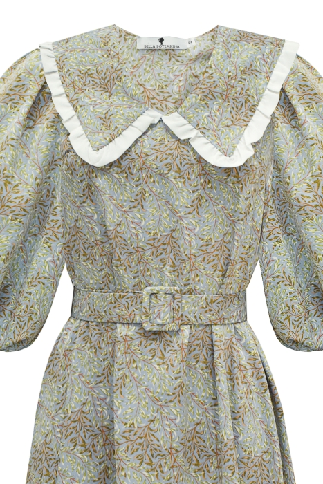 Платье "Рея" оливковое, принтованное, широкий воротник с белой каймой, миди