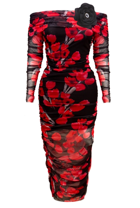 Платье "Арабелла" черное, принт цветы, миди, юбка и рукава и  в сборку, воротник лодочка