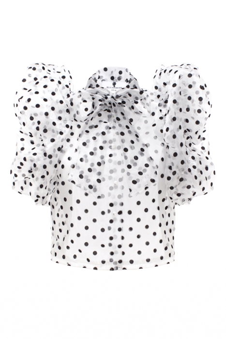 Блуза "Михаэль" белая, фатин, черный горох, рукава фонарики, с бантом