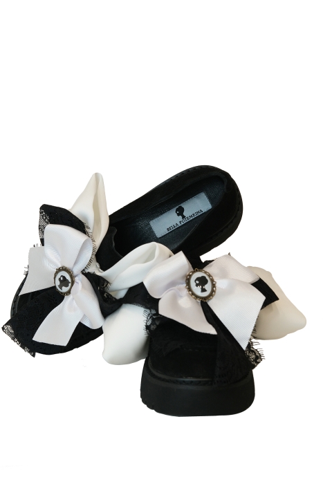 Лоферы "FW 23-24" черные, на платформе, замша, брошь бант с ЛОГО