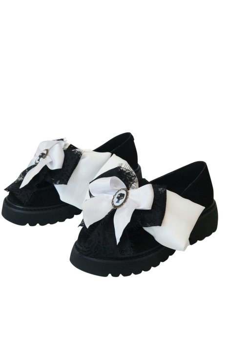 Лоферы "FW 23-24" черные, на платформе, замша, брошь бант с ЛОГО