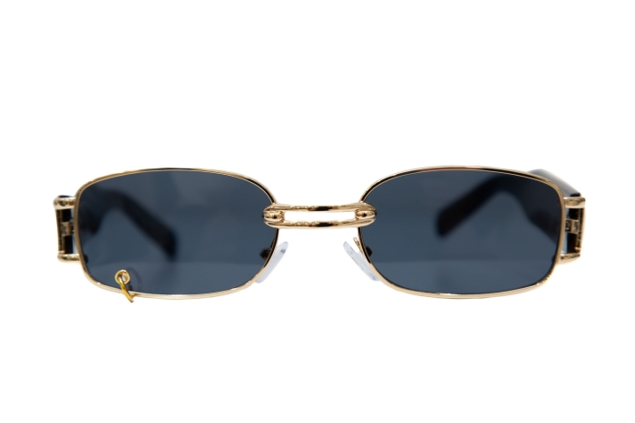 Очки солнцезащитные черные, золотистая оправа, прямоугольные с декором