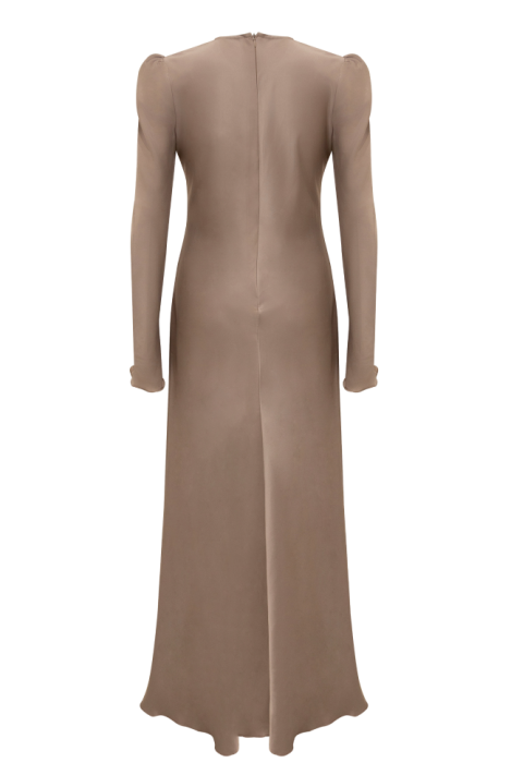 Платье "Гарнет" нюдовое, атлас (шелк), макси + брошь "Камелия"