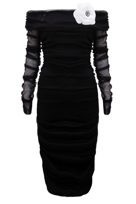 Платье "Эдрия" черное, миди, юбка в сборку, воротник лодочка по декольте