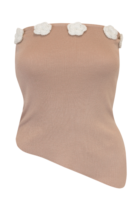 Топ "Буже" Темно - Бежевый Трикотажный ,Ассиметричный , с Белыми вязанными цветами