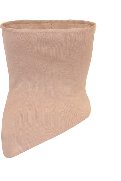 Топ "Буже" Темно - Бежевый Трикотажный ,Ассиметричный , с Белыми вязанными цветами