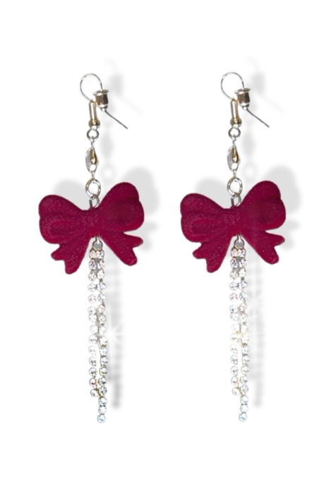 Серьги-кисти бантики, бордовые, бархатные со стразами