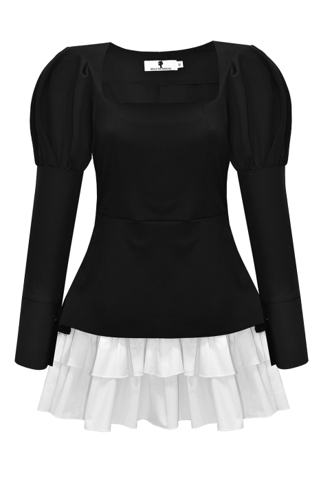 Платье "Эрна" черное, подол из белого хлопка