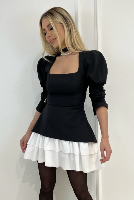 Платье "Эрна" черное, подол из белого хлопка