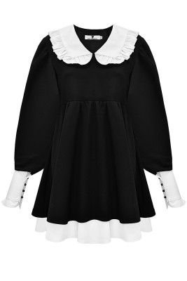 Платье "Эстьена" черное, белый воротник, манжеты и подол, мини