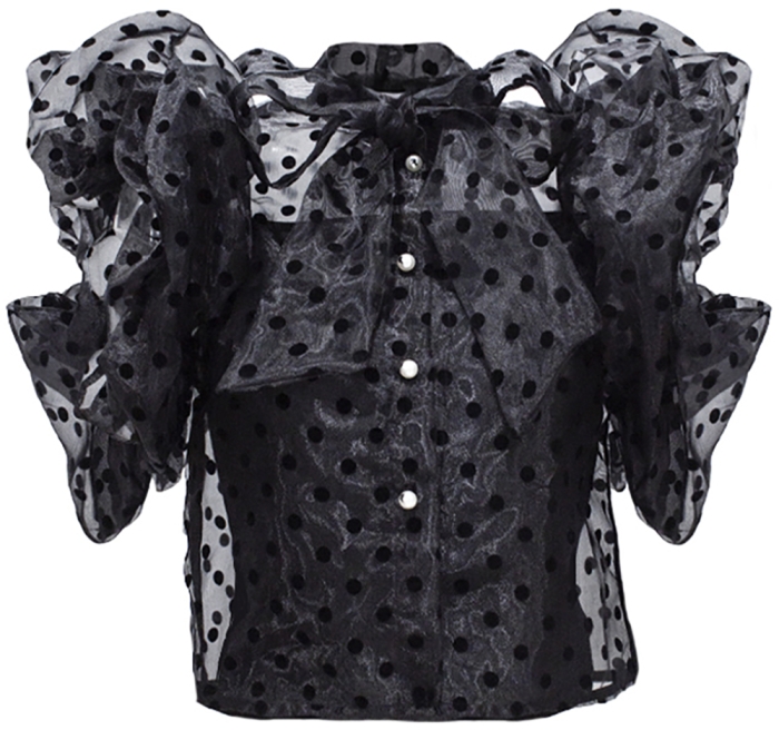 Блуза "Михаэль" черная, фатин, черный горох, рукава фонарики, с бантом