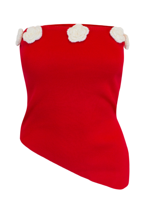 Топ "Буже" Красный Трикотажный ,Ассиметричный , с Белыми вязанными цветами