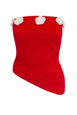 Топ "Буже" Красный Трикотажный ,Ассиметричный , с Белыми вязанными цветами