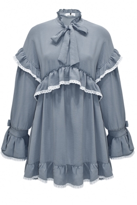 Платье "Вилора" серое, с белым кружевом из хлопка