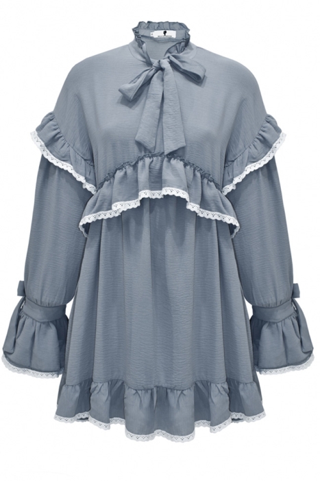 Платье "Вилора" серое, с белым кружевом из хлопка