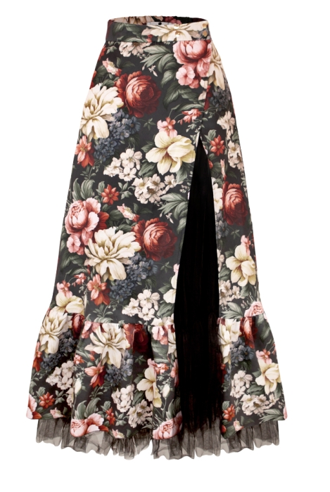 Юбка на запах макси "Пионы", черная, бордово-белый цветочный принт, с воланом