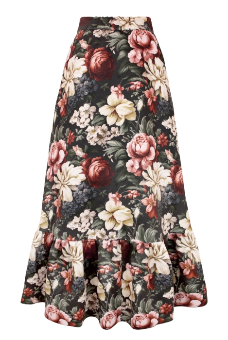 Юбка на запах макси "Пионы", черная, бордово-белый цветочный принт, с воланом
