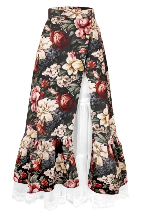 Юбка на запах макси "Пионы", черная, бордово-белый цветочный принт, с воланом