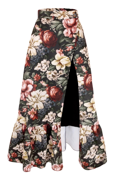 Юбка на запах макси "Пионы", черная, бордово-белый цветочный принт, с воланом