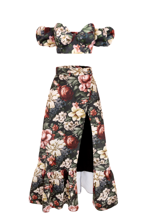 Юбка на запах макси "Пионы", черная, бордово-белый цветочный принт, с воланом