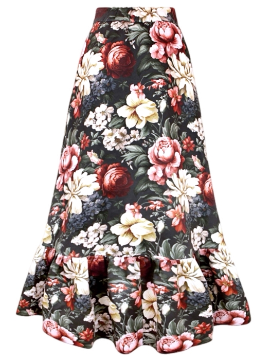 Юбка на запах макси "Пионы", черная, бордово-белый цветочный принт, с воланом