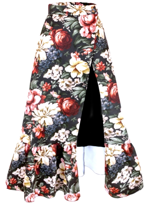 Юбка на запах макси "Пионы", черная, бордово-белый цветочный принт, с воланом