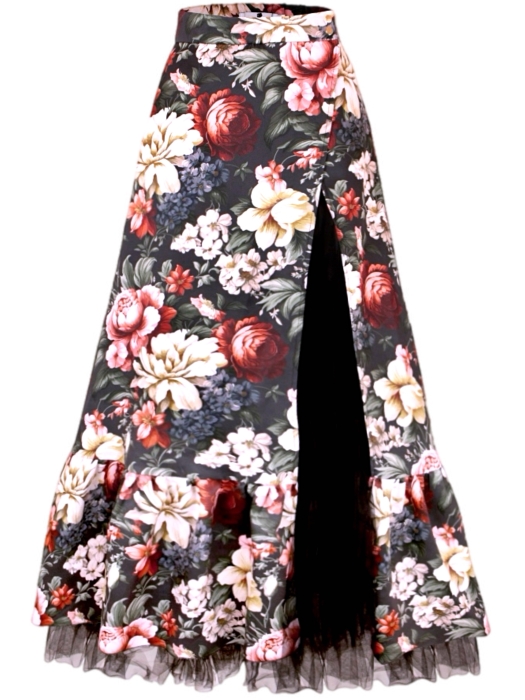 Юбка на запах макси "Пионы", черная, бордово-белый цветочный принт, с воланом