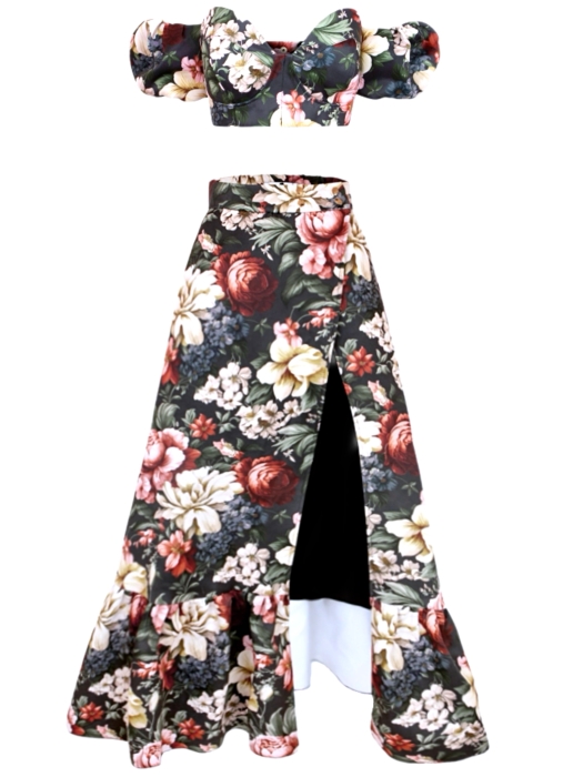 Юбка на запах макси "Пионы", черная, бордово-белый цветочный принт, с воланом