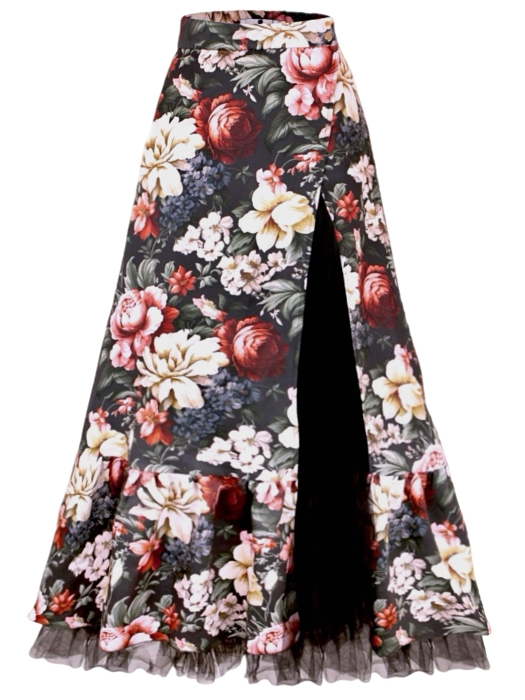 Юбка на запах макси "Пионы", черная, бордово-белый цветочный принт, с воланом